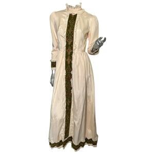 Vintage 1970s Victorian Style Emma Domb Cream Maxi Dress with Velvet Trim Size 5